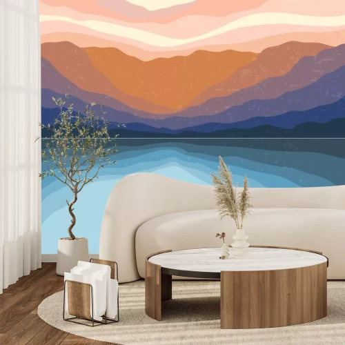 Sticker  Abstract Aesthetic mid century modern landscape Contemporary boho poster cover template. Minimal and natural Illustrations for art print, postcard, wallpaper, wall art.