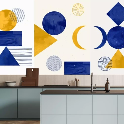 Sticker  Vector illustration. Abstract contemporary aesthetic backgrounds. Design for poster, postcard, invitation card, flyer, brochure cover. Room wall decor. Blue watercolor paints with golden splash dots