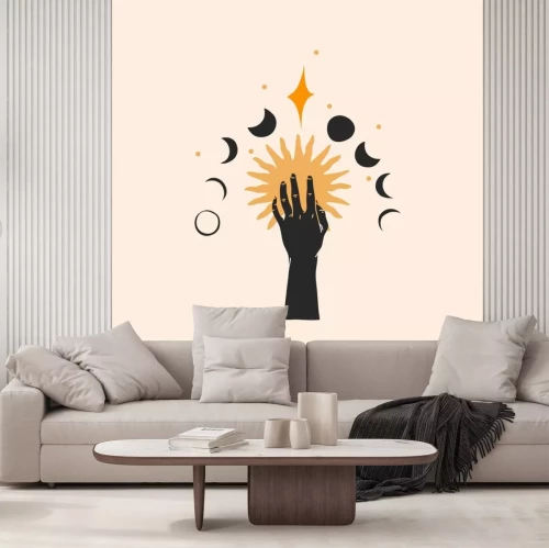 Sticker  Hand drawn vector abstract stock flat graphic illustration with logo element,magic line art of gold sun,human hand silhouette and moon phases in simple style for branding,isolated on color background