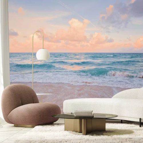 Papier peint  Sea ocean beach sunset sunrise landscape outdoor. Water wave with white foam. Beautiful sunset airy red sky with clouds. Natural aquatic blue pink turquoise aquamarine colorful background.