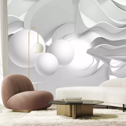 Papier peint  Trois boules en trois dimensions dans un tunnel blanc