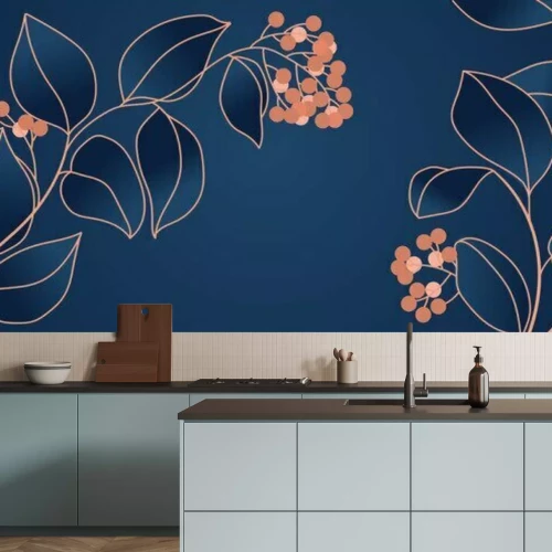 Papier peint  Floral seamless navy blue and copper metallic plant background vector for house deco