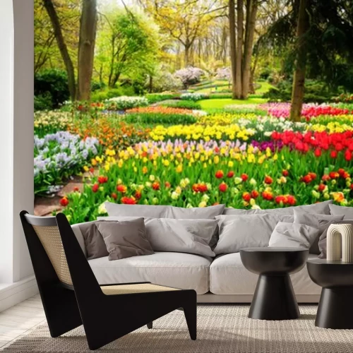 Papier peint  Parterres de fleurs dans le parc