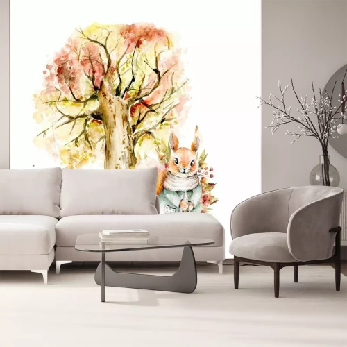 Sticker  Hand drawing watercolor illustration - squirrel in a dress with floral composition of acorns, leaves, berries, flowers and autumn tree. illustration isolated on white