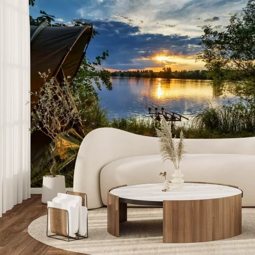 Papier peint  Pêche au bord du lac au coucher du soleil