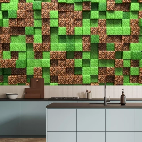 Papier peint  3D Abstract cubes. Video game geometric mosaic waves pattern. Construction of hills landscape using brown and green grass block. Concept of game minecraft
