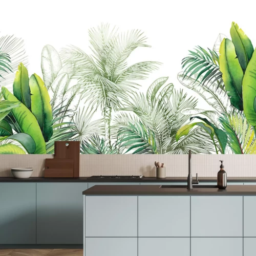 Sticker  Seamless watercolor border with green tropical foliage.