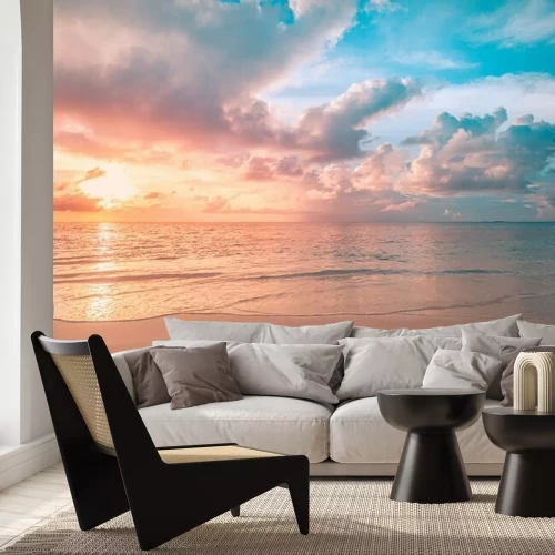 Papier peint  Closeup sea sand beach. Panoramic beach landscape. Inspire tropical beach seascape horizon. Orange and golden sunset sky calmness tranquil relaxing sunlight summer mood. Vacation travel holiday banner