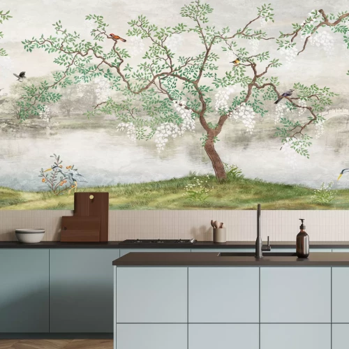 Papier peint  Arbre japonais et oiseaux