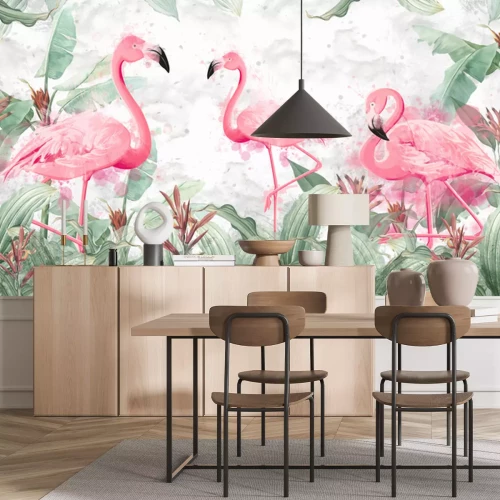 Papier peint  Flamants roses abstraits parmi les feuilles