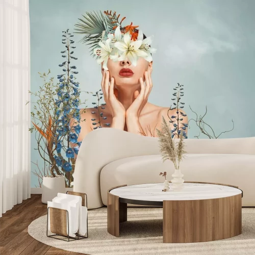 Papier peint  Portrait de femme aux fleurs colorées