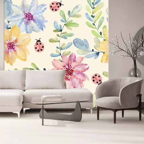 Sticker  Coccinelles et fleurs colorées version aquarelle