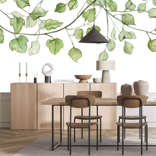 Papier peint  Feuilles vertes sur les branches des arbres dans un style aquarelle