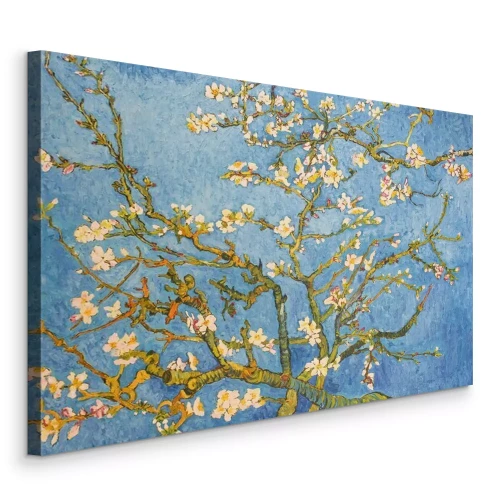 Tableau  Blossoming Almond Tree. Beautiful oil painting on canvas. Based on the great painting by Van Gogh, 1890. Brush strokes and canvas textures