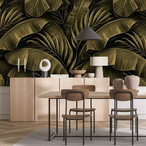 Papier peint  Tropical exotic seamless pattern. Grunge golden banana leaves, palm. Hand-drawn dark vintage 3D illustration. Nature abstract background design. Good for luxury wallpapers, cloth, fabric printing.