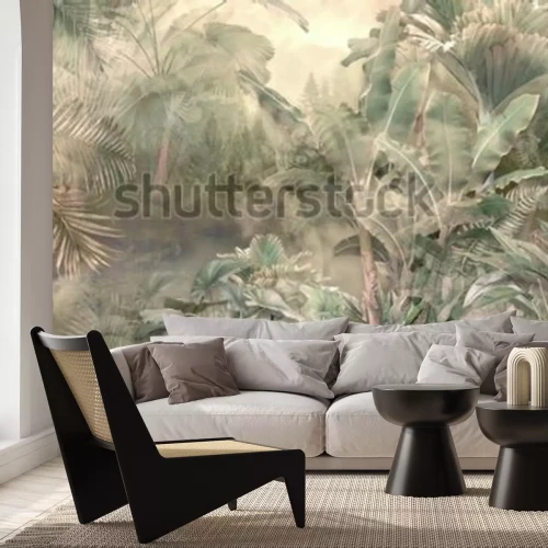 Papier peint  Tropical trees and leaves wallpaper design in foggy forest - 3D illustration