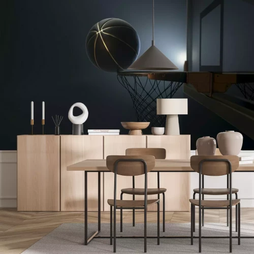 Papier peint  Ballon de basketball noir et or en équilibre sur le cercle d’un panier