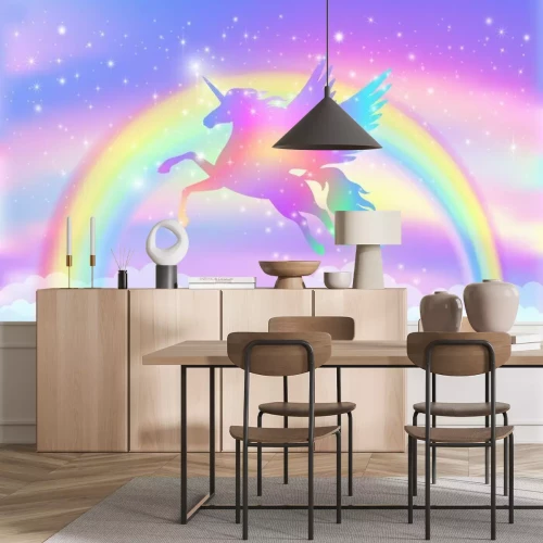 Papier peint  Rainbow background with winged unicorn silhouette with stars.
