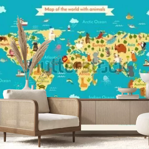 Papier peint  Animals world map. Preschool illustration, baby, continents, oceans, drawn, Earth.