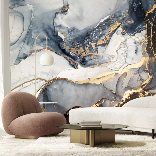 Papier peint  Marbre abstrait avec des tons bleus et dorés