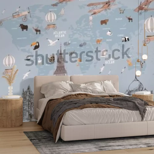Papier peint  Animals world map and famous landmarks of the world for kids wallpaper design