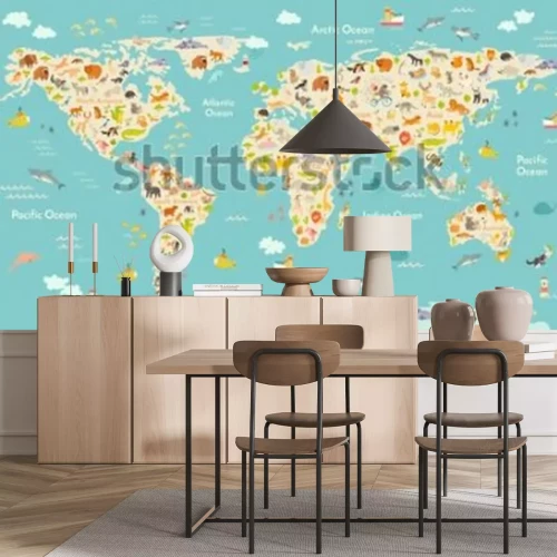 Papier peint  Map animal for kid. Continent of world, animated child's map. Vector illustration animals poster, drawn Earth. Continents and sea life. South America, Eurasia, North America, Africa and Australia