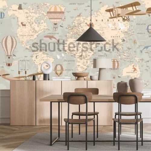 Papier peint  Carte du monde pour enfants avec ballons et avions vintage