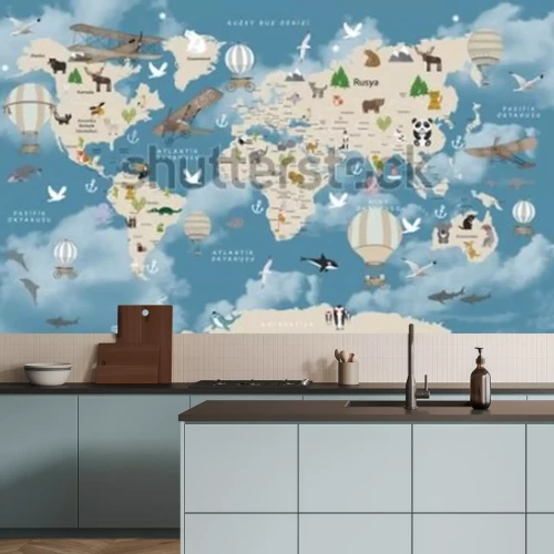 Papier peint  Animals world map for kids wallpaper design Turkish articles
