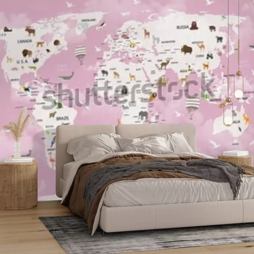 Papier peint  Mappemonde rose avec des animaux pour enfants