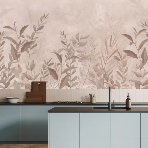 Papier peint  Feuilles et herbes dans des tons beiges