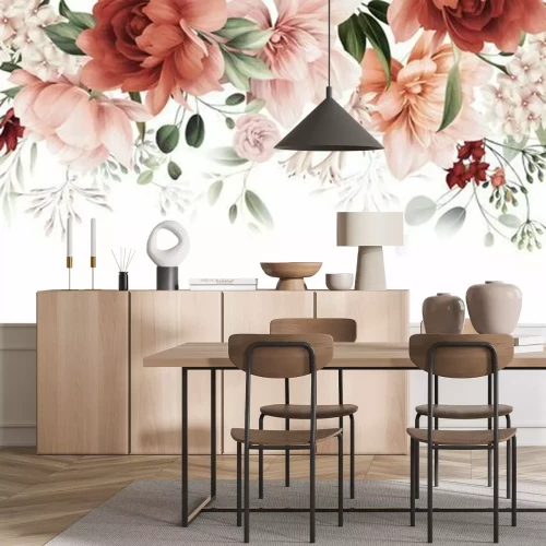 Papier peint  Composition de fleurs suspendues sur fond blanc