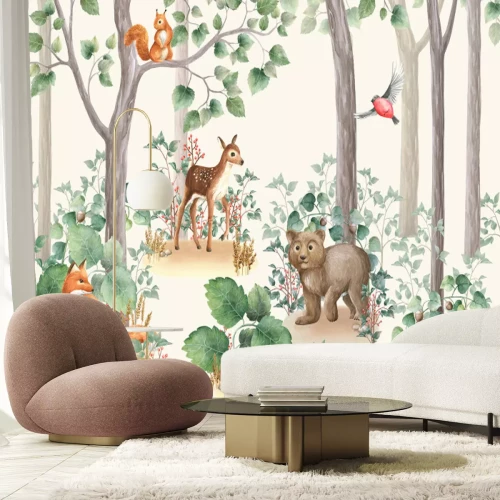 Papier peint  Adorables animaux de la forêt et oiseaux parmi les arbres