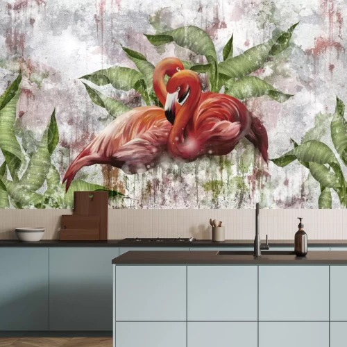 Papier peint  Flamants roses abstraits sur béton
