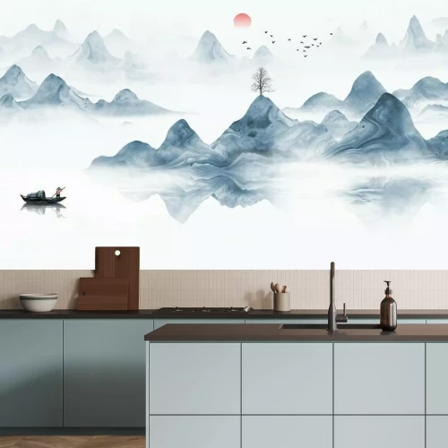 Papier peint  Hand painted Chinese style blue elegant landscape painting