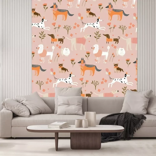 Papier peint  Motif avec des chiens sur fond rose