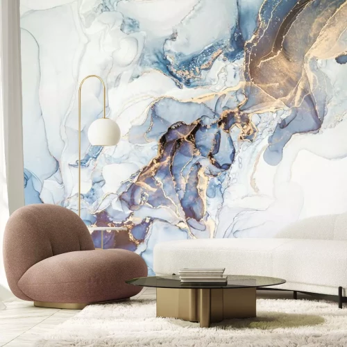 Papier peint  High resolution. Luxury abstract fluid art painting in alcohol ink technique, mixture of dark blue, gray and gold paints. Imitation of marble stone cut, glowing golden veins. Tender and dreamy design.