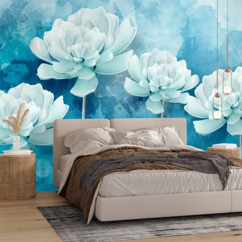 Papier peint  Fleurs bleues sur fond bleu