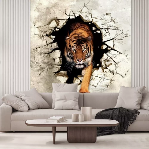 Papier peint  Tigre 3D traversant un mur