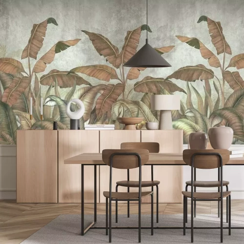 Papier peint  Tropical leaves on a gray background. Photo wallpaper with leaves. Fresco for the interior. Wall decor in grunge style. Painted leaves. Photo wallpapers 3d.