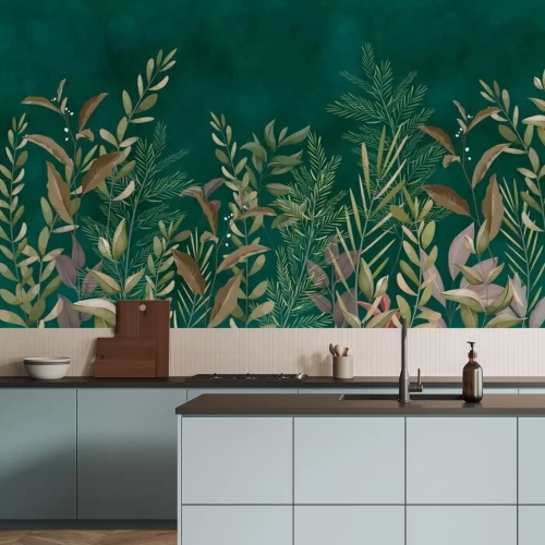 Papier peint  Végétation exotique sur fond vert