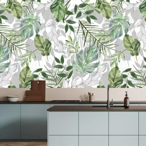 Papier peint  Feuilles tropicales dans les tons de vert et de gris
