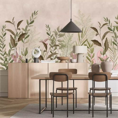 Papier peint  Photo wallpapers for walls. Beautiful leaves on a beige background. A mural for a room. Painted grass.