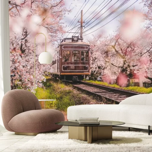 Papier peint  Paysage avec train et cerisier en fleurs à Kyoto