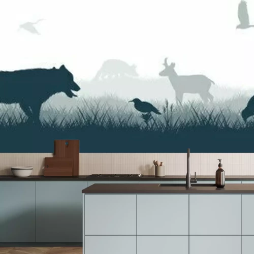 Sticker  Seamless panorama of the prarie with grey wolf, pronghorn, kite, bobcat, fox,  western meadowlark , heron, scissor-tailed Flycatcher, Prairie dog and brown zubr buffalo bison