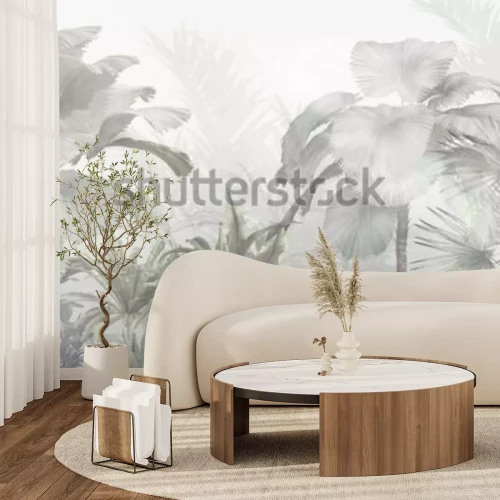 Papier peint  Tropical trees and leaves wallpaper design in foggy forest - 3D illustration