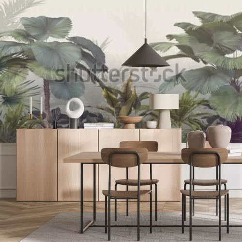 Papier peint  Tropical trees and leaves wallpaper design in foggy forest - 3D illustration