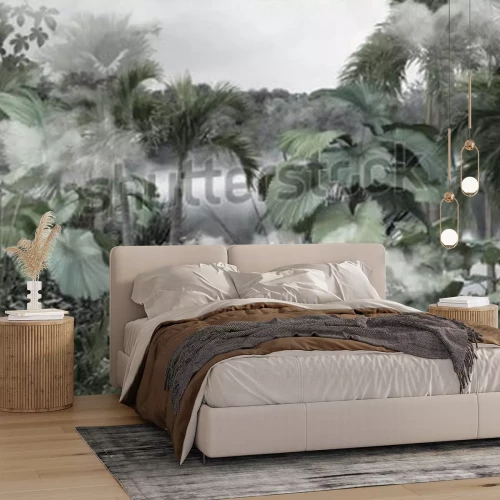 Papier peint  Tropical trees and leaves wallpaper design in foggy forest - 3D illustration