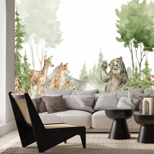 Papier peint  Paysage en aquarelle avec des animaux de la forêt dans la nature