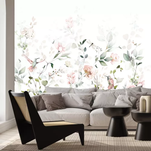 Papier peint  Oiseaux au milieu de rameaux aquarellés sur fond blanc