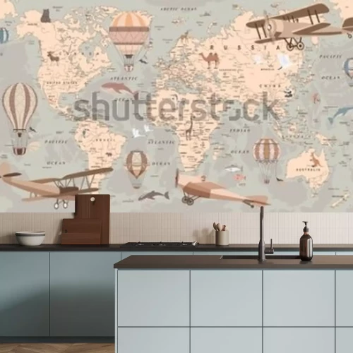 Papier peint  Carte rétro pour enfants avec ballons et avions